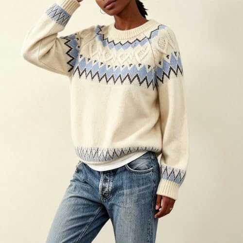 Womens Fair Isle Sweater Casual Vintage Crew Neck Long Sleeve Knit Pullover - image 4