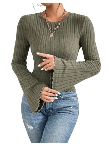 SweatyRocks Women's Bell Sleeve Crop Tops Dressy Casual Crewneck Lettuce Trim Ribbed Fitted Shirts