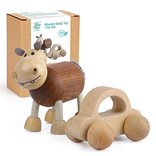 BumbleBee Wooden Toys for Babies, Wood Baby Teething Toys Set for Toddlers, Grasping Wooden Baby Teething Toys, Newborn Toys Gift, Hippo and Car