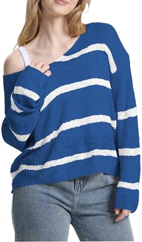 Sumtory Womens Lightweight Sweater Fall Striped Off Shoulder Sweaters Knit Pullover Tops