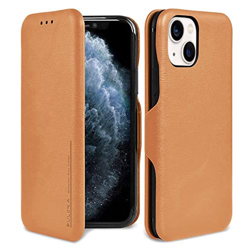 Image of PULOKA for iPhone 14 - Sleek Flip Case - Premium Vegan Leather Phone Cover with Card Slot - Slim, Durable, Privacy Protection - Kickstand Function - Elegant Flip Wallet Cases for Apple - TAN