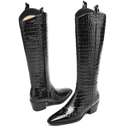 Knee High Boots Women Riding Boots Pointed Toe Tall Boots Chunky Heel Faux Leather Crocodile Western Pattern2
