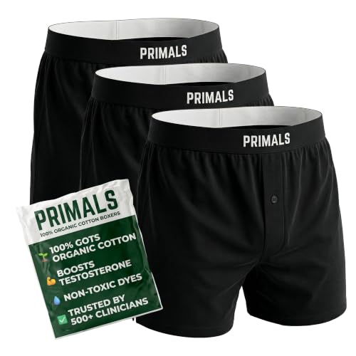 PRIMALS 100% Organic Cotton Boxers - Improves Testosterone & Fertility - Soft & Breathable - Midnight Black (3 Pack) (US Alpha Large Regular Regular Midnight Black)