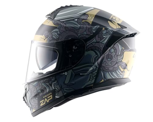 Image of Vega Zap DV Medusa Full Face Motorcycle Helmet with Dual Visor, Shock Absorbing Liner, Comfortable Interior, Lightweight Shell, Aerodynamic Design, Ventilated Fit, and Trendy Dull Black Grey Finish Dull Black Grey-M