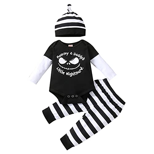 Image of GUMEMO Infant Baby Boy Girl Halloween Outfits Clothes Little Nightmare Romper Bodysuit Tops Striped Pants and Hat