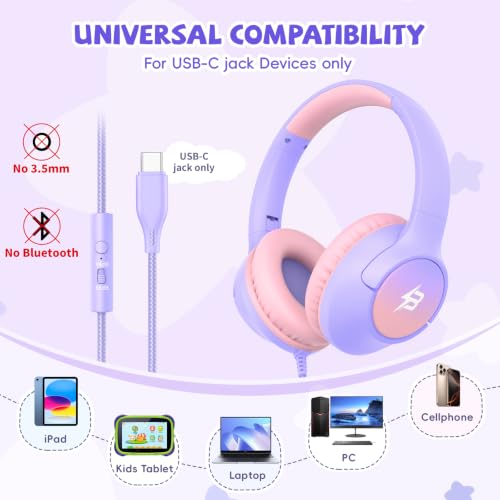 Image of USB C Headphones Wired for Kids, 85 /94dB Volume Limit With Mic, Purple | Kid Headphones for School, Wired Over Ear USBC Plug in Corded Headphones for Boys Girl Toddler, iPad, Tablet, Airplane Travel