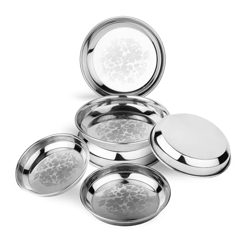 Image of LiMETRO STEEL 6 Pieces Stainless Steel Halva Plates, Breakfast Plates, Serving Plates (Diameter : 16 cm , Laser Print)