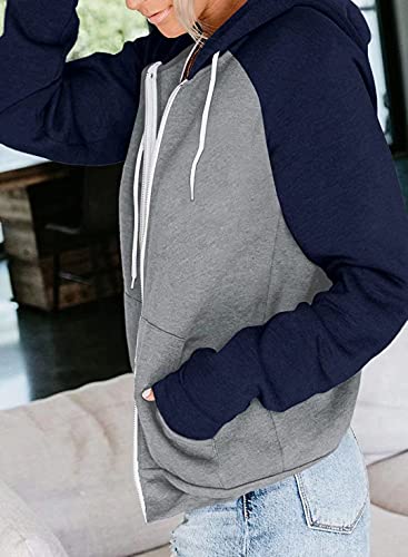 INFITTY Women's Casual Color Block Long Sleeve Zip Up Hooded Sweatshirt Lightweight Hoodies Jacket with Pocket3