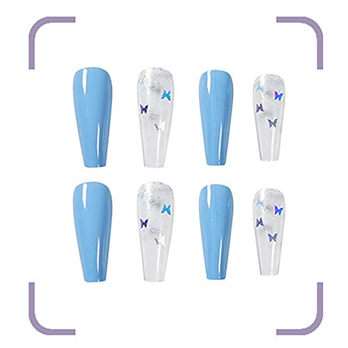 24 Pcs Press on Nails Coffin, Luvehandicraft Long Glossy Fake Nails Coffin, False Nails with Glue for Women and Girls (Blue Butterfly) - Thumbnail 3