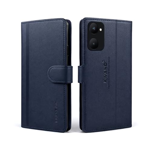 Image of KIVANO LUXE Compatible for iQOO Z9 Lite /Vivo Y28S 5G / Vivo T3 Lite Luxury Handmade Leather Magnetic Flip Folio Case | Card Holder & Kickstand | Slim Protective Cover | Unisex - Blue