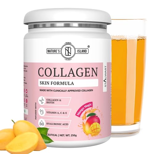 Image of Nature's Island Skin Glow Collagen Powder (Mango, 250g) , Marine Collagen Supplements for Women & Men With Biotin, Vitamin A, C, E, Hyaluronic Acid, for Glowing Skin, Anti Ageing, Firmness, Elasticity, Healthy Hair and Nails.