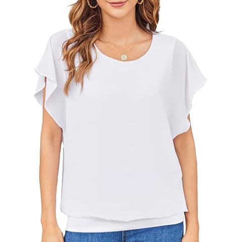 Misakia Women's Summer Tops Dressy T-Shirt Loose Casual Business Chiffon Blouses Batwing Short Sleeve Shirts White Cover
