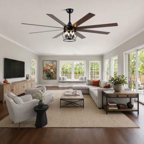 Image of 72 Inch Farmhouse Ceiling Fan with Lights Rustic Ceiling Fan | Remote Control, Rustic Black Caged Fandelier, Industrial Large Chandelier, 3 Downrods for Living Room Indoor Covered Porch