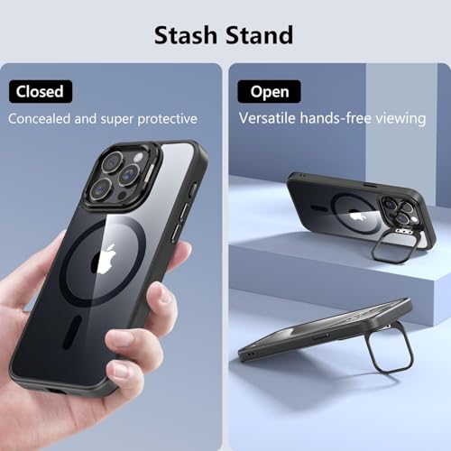 Image of VONZEE Clear Camera Kickstand Case for iPhone 15 Pro, Built-in Adjustable Camera Stand, Clear Magnetic Mag-Safe Shockproof Classic Series Phone Cover (Black)