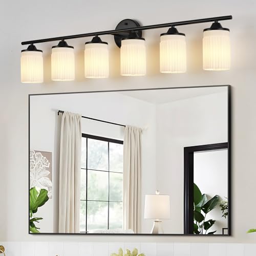 Image of Jonsi Black Bathroom Light Fixtures 6-Light Vanity Lights Modern Wall Sconce with Milk White Shade Brushed Brass Bathroom Light Fixture Over Mirror for Bedroom Hallway Kitchen