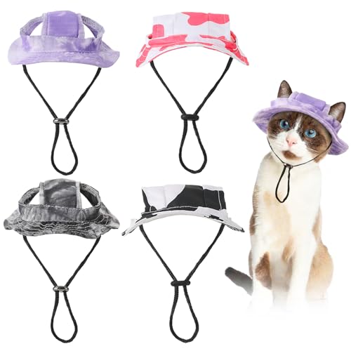 Zhamate 4 Pcs Cat Hats for Cats Only Cat Sun Hat Sphynx Hat with Ear Hole Kitten Headwear Sun Sombrero Caps Baseball Outdoor Fish