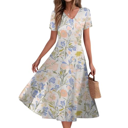 WDCHAOYUE Kleid Woman Weite Print Tunika Tunika-Kleid Stretch Kurzarm Arbeits Polyester Rundhal Kleid Damen Summer Klassische Mit Taschen Orange