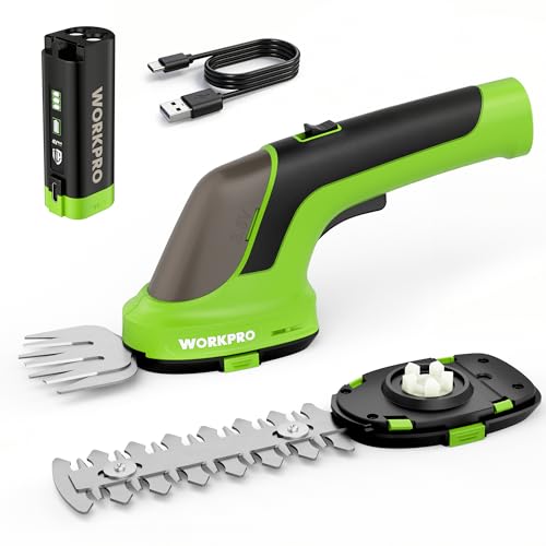 WORKPRO 3.6V Hedge Trimmer Cordless, 2-in-1 Electric Hedge Trimmer & Grass Cutter with 4.0Ah Removable Battery & Type-C Cable, Lightweight Bush Trimmer for Lawn & Garden