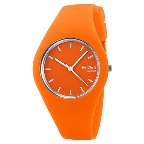 FeiWen Minimalisme Montre Bracelet de Femme et Fille Mode Elégant Analogique Quartz Caoutchouc Décontracté Mixte Montre 12 Couleur (Orange)