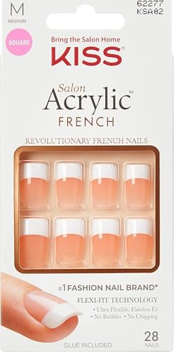 KISS Salon Acrylic French Tip Press On Nails, Medium Size, Square...