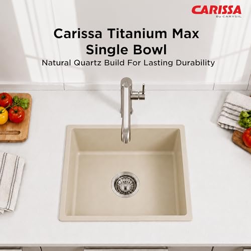 Image of Carissa By Carysil Titanium Max Quartz Kitchen Sink 21 x 18 x 8 inches, Single Bowl Granite Sink with 80% Quartz & 20% Resin, Heat Resistant 300C, 50kg Load Bearing, Stain Resistant - Off White