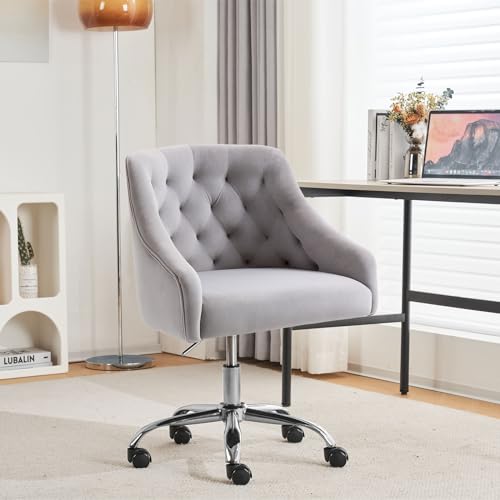WOEOA Bürostuhl Samt,Homeoffice Stuhl,Schreibtischstuhl mit Rollen,Schminktisch Stuhl Höhenverstellbar,für Studie,Büro,Schlafzimmer,Bis 135 kg Belastbar（grau）