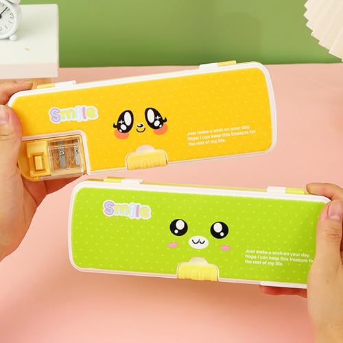 Image of Double Layer Pencil Case, Plastic Pencil Boxes with Pencil Sharpener, Cute Pen Box Organizer for Pencils, Erasers, Paper Clips, School Supplies, Best Birthday Gifts for Kids Teens(Green)