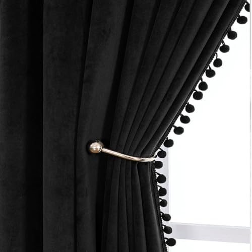 Image of aeTHEric Velvet Eyelet Door Curtains with pom pom Lace for Living Room Bedroom Kitchen 8 feet 1 pc