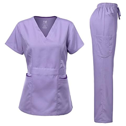 Dagacci Medical Uniform Women's Scrubs Set Stretch Contrast Pocket Lavender S Cover