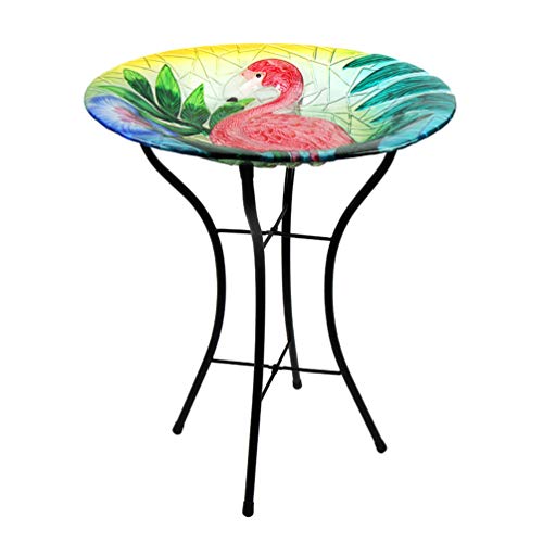 HONGLAND Outdoor Glass Birdbath Flamingo Bird Feeder Bowl with Metal Stand for Garden,Lawn,Backyard,Porch