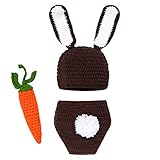 IMEKIS Newborn Photography Props Baby Boy Girl Happy Easter Bunny Outfit Handmade Carrot Crochet Knitted Wrap 1st Birthday Cake Smash Photo Shoot 1st Easter Rabbit Beanie Bunny Ears Hat Diaper Coffee
