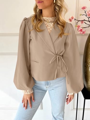 Cicy Bell Womens Puff Long Sleeve Blazers V Neck Wrap Cropped Trench Coat Work Office Dressy Casual Suit Jackets 6