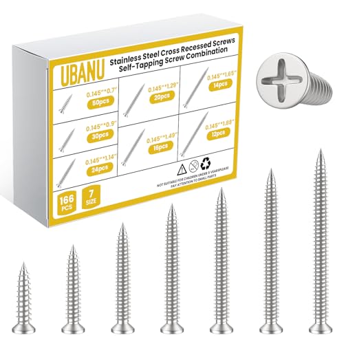 UBANU M4 Wood Screws Assortment Kit, High Hardness Phillips Drive Flat Head Screws Set, 166 Pcs Assorted Coarse Thread Screws 7 Sizes (18mm,23mm,29mm,33mm,38mm,42mm,48mm)