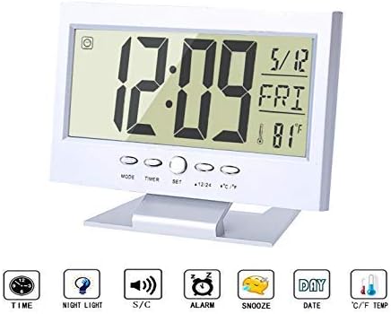 Digital Alarm Clock for Bedroom,Office,Travel. Smart Sound Sensor Large LCD with Nightlight Calendar Temperature Display,Snooze,Multifunction(Silver)