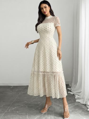 Image of GothDark Women's Summer Floral Mesh Ruffle Dress Short Sleeve Round Neck Waist Cinched Casual Maxi Wedding Guest Dresses