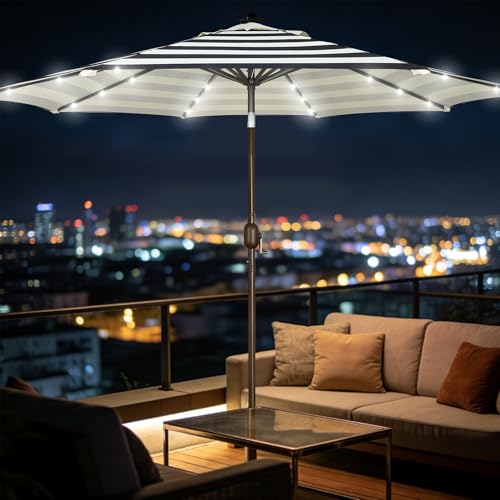 Image of Blissun 9 ft Solar Umbrella, Patio Umbrella with 32 LED Lights, Table Market Umbrella, Outdoor Umbrella for Garden, Deck, Backyard, Black & Beige