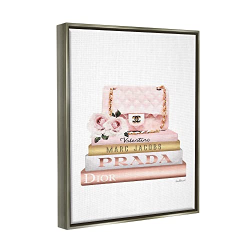 Image of Stupell Industries 'Pink Purse Gold Bookstack'| Floating Frame Canvas Art | Stupell Industries | Gray, 25 x 31 Inches, Easy to Hang and Sturdy, Made in USA, by Amanda Greenwood