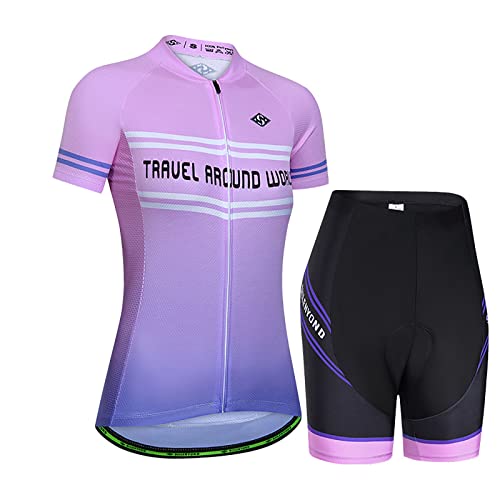 WEALTHY73 Summer Women's Cycling Jersey Set Breathable Riding Short Sleeve 3D Padded Bike Shorts Quick Dry Outfit,Purple,S(155cm45kg)