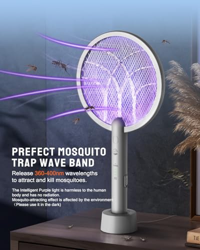 Electric Fly Swatter Racket, Mosiller 2 in 1 Bug Zapper with Type-C Rechargeable Base, 4000V Mosquito Killer with 3-Layer Safety Mesh for Pest Insect Control for Indoor、Office、Camping(Grey-1 Pack) - Thumbnail 6
