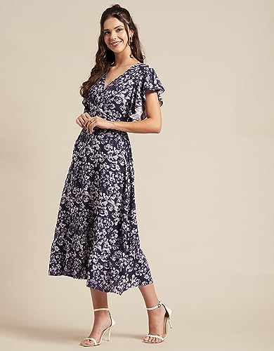 Image of Moomaya Women's Printed Dress, V-Neck, Short Sleeves, Ruffled Midi Summer Dress