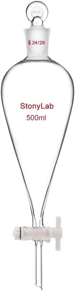 stonylab PTFE Stopcock Separatory Funnel 500 ml, Borosilicate Glass Heavy Wall Conical Pear-Shaped Funnel with 24/29 Joint