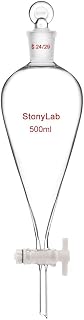 stonylab Grifo PTFE Embudo de Separación, 500 ml Vidrio de Borosilicato Pared Gruesa Cónico en Forma de Pera Embudo para Separación en Laboratorio, Junta 24/29