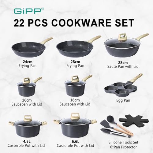 Image of GiPP Ceramic Pots and Pans Set Non Stick - 22Pcs Nonstick Cookware Set, Non-Toxic Healthy Kitchen Cooking Set w /Frying Pans Set, Dishwasher Safe, PFAS PTFE PFOA PFOS Free, Dark Gray