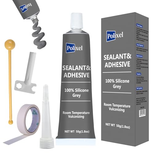 POLIXEL Gray RTV Silicone Sealant Adhesive 100% High Temperature Silicone Caulk Waterproof Stronger Adhesion Shrink & Crack Proof for Automotive Kitchen Bathroom Window Gasket -1.8oz/50g