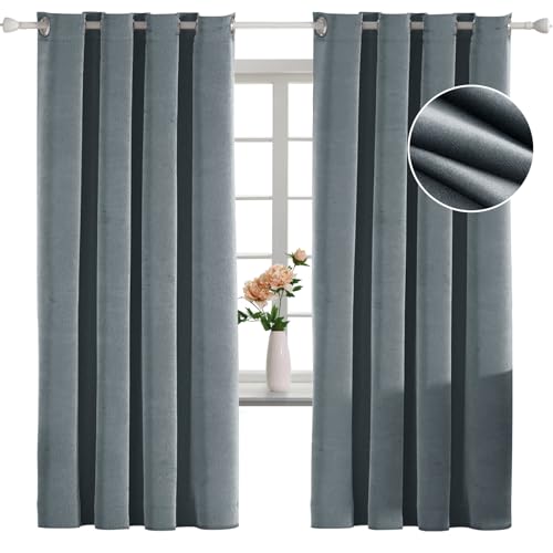 YSTELLAA Terciopelo Cortinas 100% Opacas 2 Piezas, 140×180cm, Cortinas Opacas con Ojales, Cortinas termicas aislantes Frio y Calor, Insonorizantes, Modernas, para Dormitorio, Gris