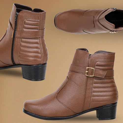 Image of TRASE Stylish Boots for Woman | Synthetic Leather Trendy Winter Shoes with Buckle Strap & Zipper | Comfortable & Lightweight Ladies Footwear