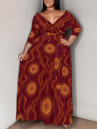 Image of PinkPatty Women's Plus Size Maxi Dress Print 3 /4 Sleeves V Neck Party Sundress Wedding Guest Dresses