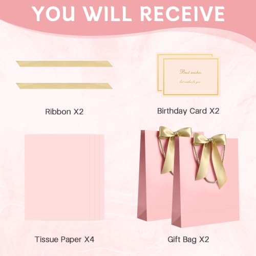 Image of JMANNI Gift Bag, 2PCS Gift Bags Large with Ribbon and 2 Greeting Cards 4 Tissue Paper, Portable Paper Gift Bag with Handles, Birthday Gift Bags,Present Bags for Wedding Party Mothers Day(PurePink)