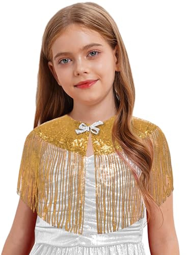 Kids Girl Sequin Tassel Shawl Wrap Princess Shoulder Cape Flower Bolero Shrug Wedding Dress Up