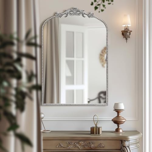 Image of Antique Silver Arch Wall Mirror, 24 inchx36 inch Traditional Vintage Mantel Mirror with Ornate Metal Frame, Baroque Victorian Mirror for Fireplace /Entryway /Bathroom /Living Room /Hallway